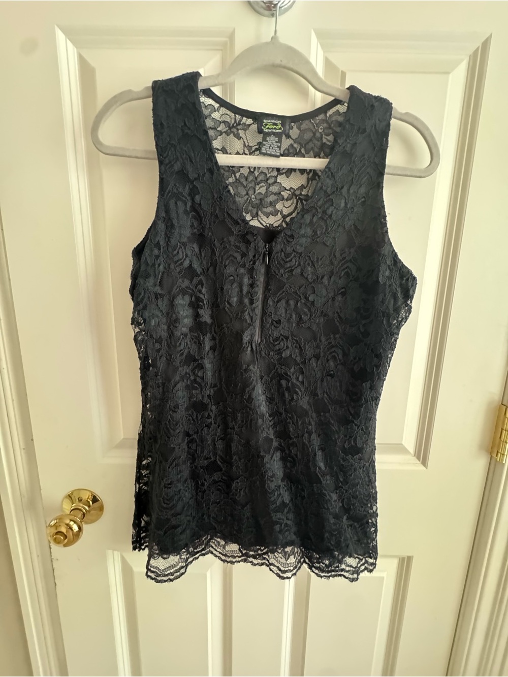 Shannon Ford Black Lace Sleeveless Top Zip Front Sheer Lace